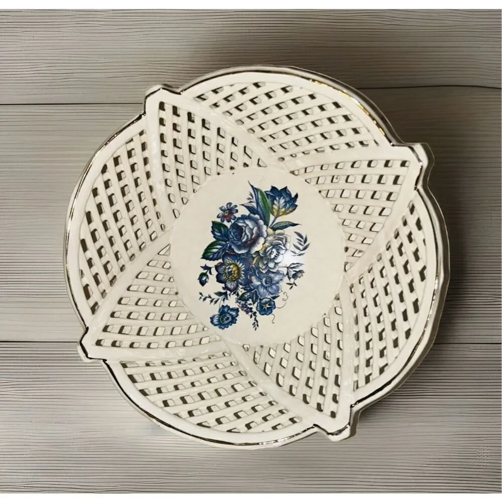 White Round Woven Latticed Ceramic Basket  Bowl Open Weave Set Of 2